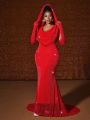 Plus Size Hat Waistband Hot Gold Fish Tail Swing Long Solid Colour Fishtail Slim Package Hip Dress Hooded.
