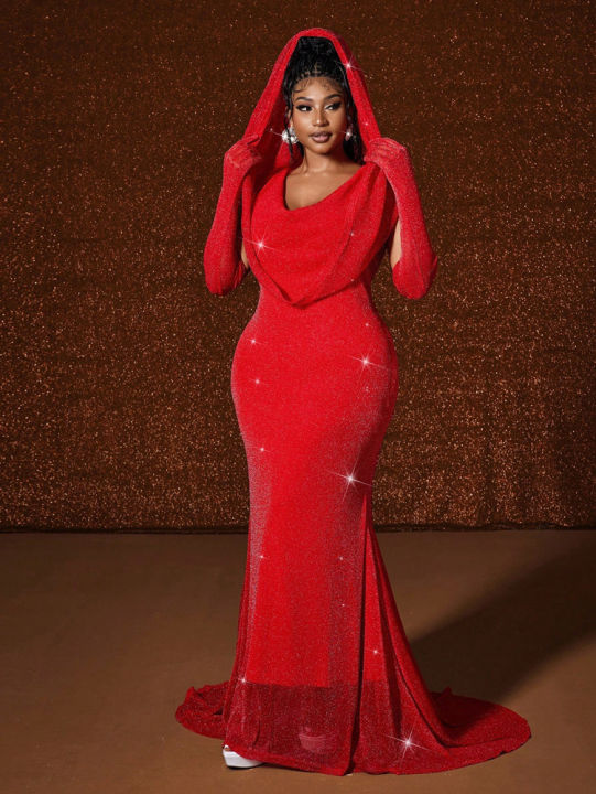 Plus Size Hat Waistband Hot Gold Fish Tail Swing Long Solid Colour Fishtail Slim Package Hip Dress Hooded