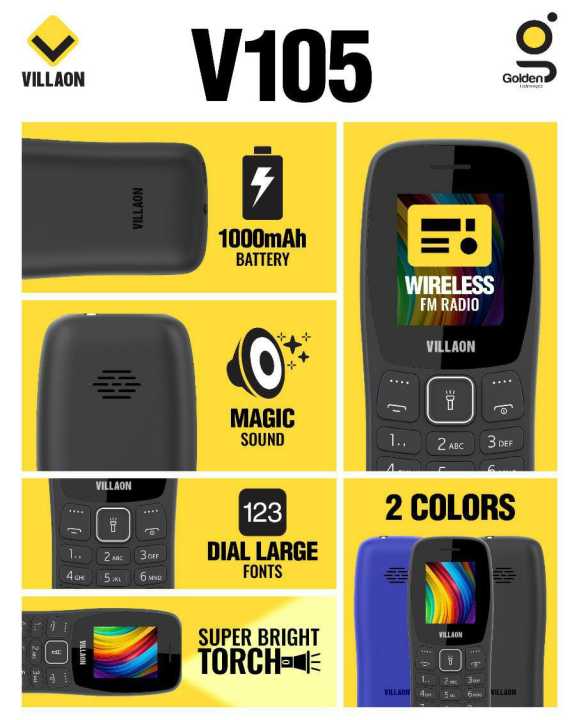 Villion V105 - Style Like Nokia 105 - Dual Sim - 1.77 Inch Display - Without Camera - Wireless FM Radio - Magic Sound - Torch Light - Dial Large
