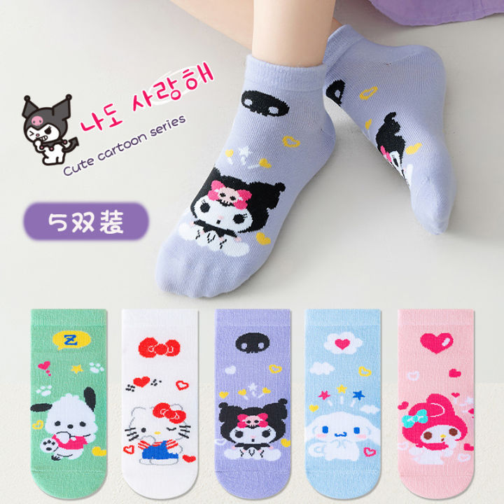 5 Pairs Kawaii Sanrio Character Kids Socks, Cute Hello Kitty Kuromi Cinnamoroll Girls Socks, Breathable Cotton Socks