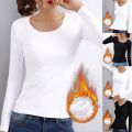 Thermal Underwear Women Bottoming Shirt Fleecing Winter Slim Basic Long-Sleeved T-Shirt Thin Velvet Heating Fiber Cropped Tops.