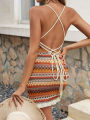 Women's Striped Pattern Tie Back Cami Dress, Casual Bohemian Sleeveless Short Dress for Beach Holiday Vacation, Womenswear. 