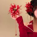 Retro Red Spider Lily Tassel Hair Clip Fabric Flower Hairpin Bride Hairwear Countryside Style Hair Accessories. 