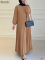 2025 ZANZEA Autumn Elegant Dresses Women O Neck Long Sleeve Sundress Muslim Dubai Abaya Robe Femme Solid Pleated Maxi Vestidos. 