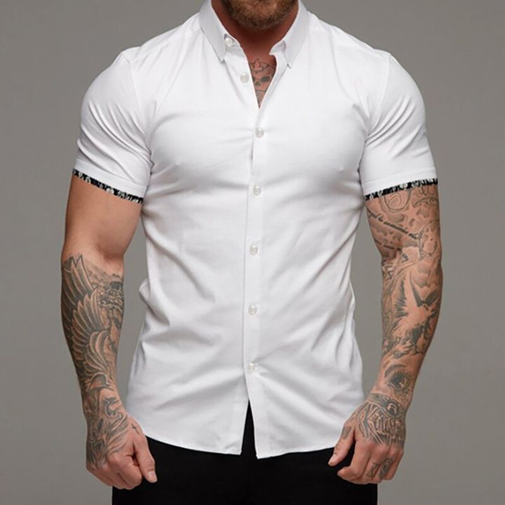 Men's Summer 2024 Solid Color Business Professional Dress Shirt Floral Cuffs Basic Short Sleeves Black And White Optional