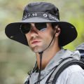 Windproof Men Outdoor Hat Wide Brim Flat Top Men Camping Hat Letter Print Anti-UV Strap Hollow Out Men Fisherman Hat Headwear. 