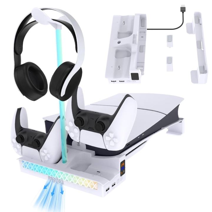 PGTECH GP-533 RGB Horizontal Console Bracket with Dual Gamepad Charging Port Built-in Dual Cooling Fan for PS5 Slim Host - White
