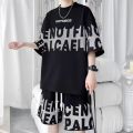 Men's fashion personality letter printed short sleeved shorts two-piece set outdoor sports breathable T-shirt set. 