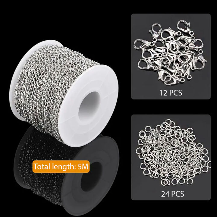 5 Meter Silver Chain With 12 Lobsters and 24 Jumprings For DIY Jewellery Making.