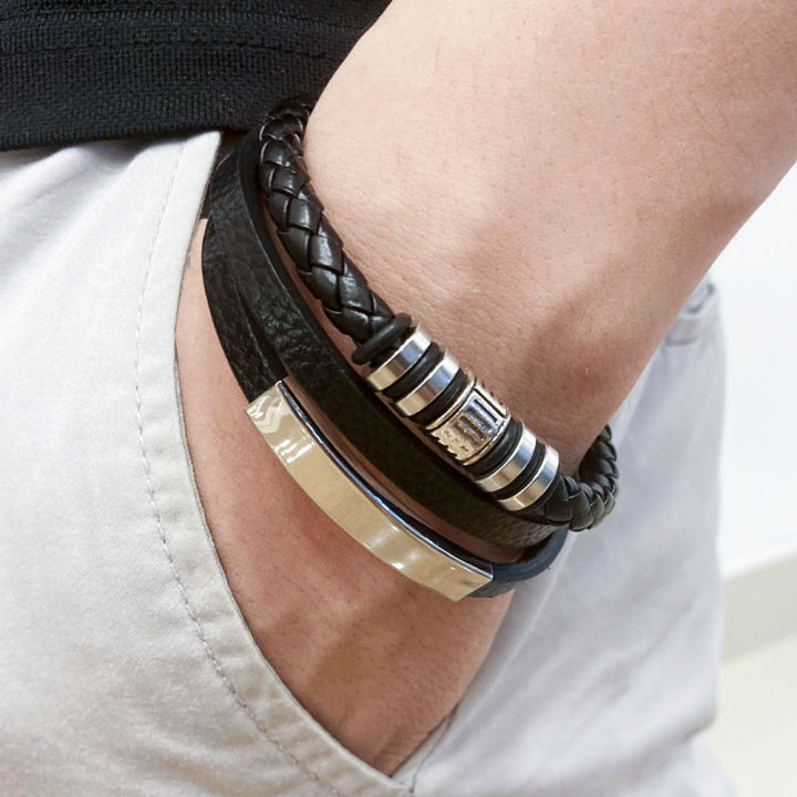 Trendy Leather Bracelets For Men Stainless Steel Bracelet 21CM Multilayer Braided Rope Bracelets for Male Jewelry