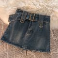 Y2K Summer New A-line Miniskirt High Waist Street Fashion Denim Retro Straight Tube Hip Wrap Skirt Women's Belt Skirt. 