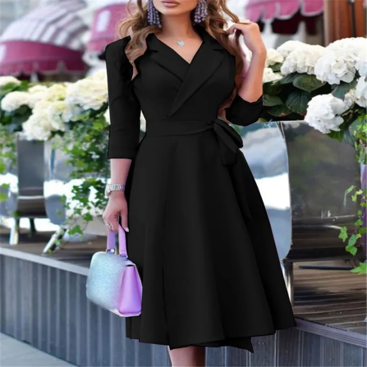 Women's%20Fashion%20V-neck%20Strap%20Waist%20Dress%20New%20Mid-sleeve%20Women's%20Dress%20Temperament%20Commuter%20Women's%20Dress%20-%20Image%204