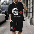 Summer New Casual Men's Skull Print T-Shirt Set Fashion Streetwear Tees Loose Oversized Breathable Soft Short Sleeves And Shorts. 