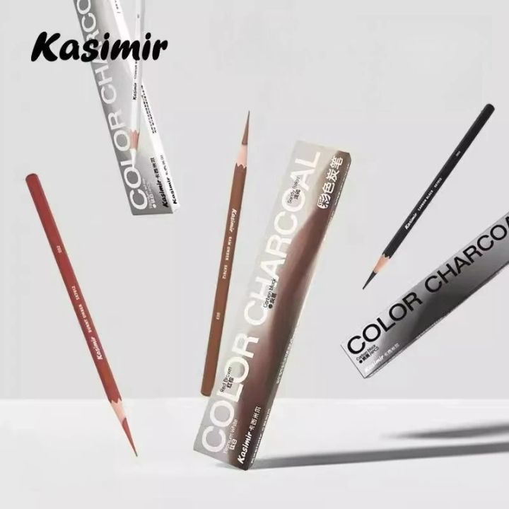 KASIMIR Colored Charcoal Pencils 4mm Thickened White/Light Brown/Black/Reddish Brown Easy To Color for Art Students Beginners