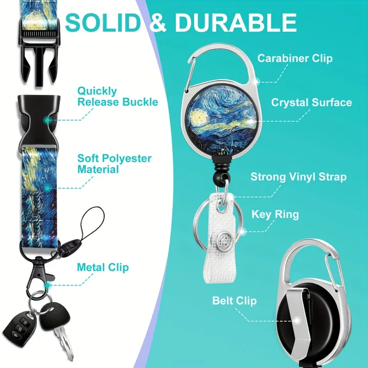 ID%20badge%20clip,%20belt%20clip%20with%20lanyard%20and%20retractable%20badge%20reel,%20art%20night%20painting%20keychain%20lanyard%20clip%20-%20Image%203