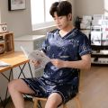 Pajamas Men Ice Silk Short-Sleeved Student Homewear Two-Piece Set of Easy-to-Clean Short-Sleeved Shorts Nightwear Loungewear. 