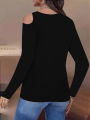 Women's Long Sleeve T-Shirt - Off-Shoulder & Asymmetric Neck - Elegant Solid Color Fall Fashion. 