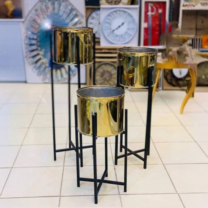 Golden Indoor Planters with Black Stand Available in 3 Sizes, Flower Pots without Plants