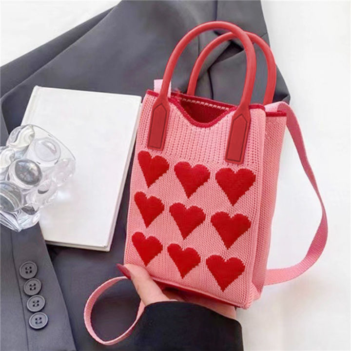 Korean Fashion Heart Knitted Mini Square Handbag for Women Small Mobile Phone Shoulder Bags Girls Cute Outdoor Crossbody Bags