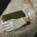 White satin wedding dress gloves Short elegant petal pearl bow mesh bridal gloves versatile photo accessories pearl retro.