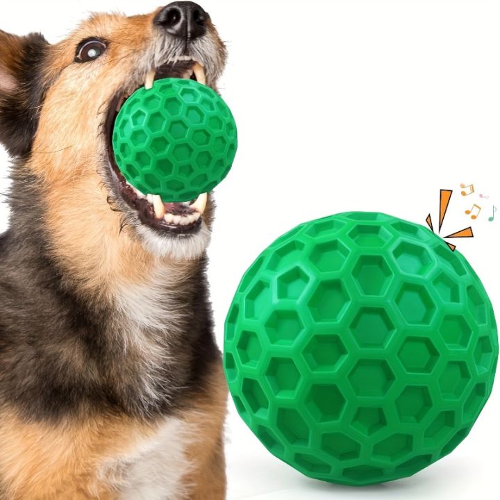 Tough Natural Dog Chew Toy Indestructible Squeaky Ball for Aggressive Chewers Beef Flavor Hexagonal Design Dental Health