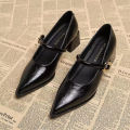 2025 Premium Leather Mary Janes - French Vintage Pointed Toe Pumps Chunky Heel Single Strap Shoes Buckle Decor.