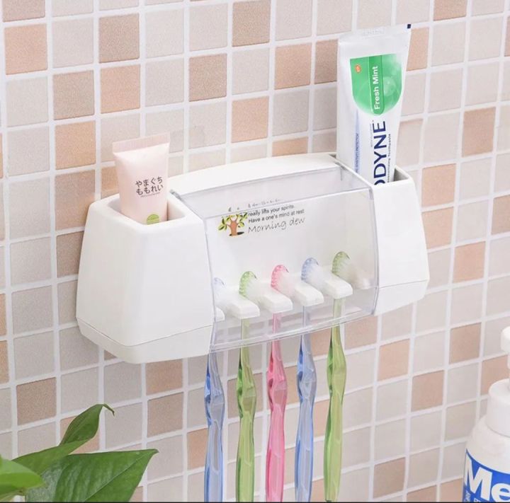 4 Toothbrush Holder Set Wall Mount Stand Home Bathroom Toilet Automatic Toothpaste Dispenser
