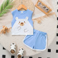 Summer Boys' Set Cartoon Cute Teddy Bear Printed Blue Top+Shorts 2Pcs/Set 0-3 Years Old Sunny Handsome Boy Baby Casual Set.