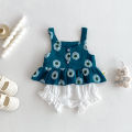Summer Baby Girl's Daisy Printed Suspenders Top + Lace Shorts Set - Sweet Printed 2-Piece Set. 