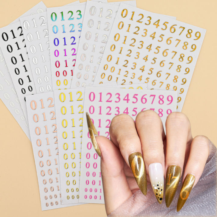 9Pcs/Set 0-9 Numbers 3D Nail Art Stickers Gold/Silver/Colorful Arabic Numerals Design Self-adhesive Sliders DIY Manicure Decals