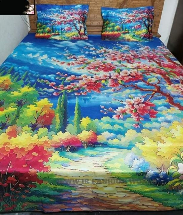 Cotton Print 7.5/8.5 Feet Double King Size Bad sheet Set With Two ...