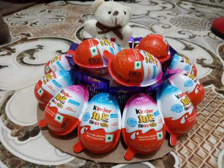 Kinder joy chocolate tower with teddy