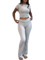 Casual Workout Two Piece Outfits for Women Short Sleeve Crop High Waist Foldover Flare Pants Tracksuit Sets Streetwear.