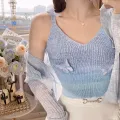 Summer Dopamine Colored Stripes Butterfly Knitted Tank Top Women V Neck Sleeveless Slim Camisole. 