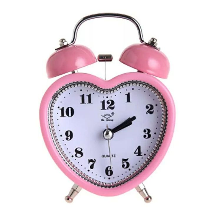 Cute Small Double-Bell Night Light Children Mini Quartz Alarm Clock Heart (Pink)