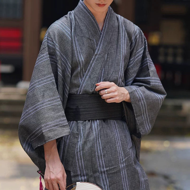 Summer%20Grey%20Japanese%20Traditional%20Samurai%20Kimono%20For%20Men%20Yukata%20Bathing%20Robe%20Hekoobi%20Loose%20Style%20Homewear%20Belt%20Long%20Gown%20Cotton%20-%20Image%204