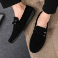 2026 Summer Casual Fashion Driving Loafers Suede Leather Minimalist Slip-Ons Comfortable Trendy Work Shoes Black & Khaki Two-Ton.