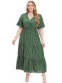 Plus Size New Arrival Fashional Polka Dot Print V Neck Short Sleeve Bohemian Casual Dresses For Big Size Women. 