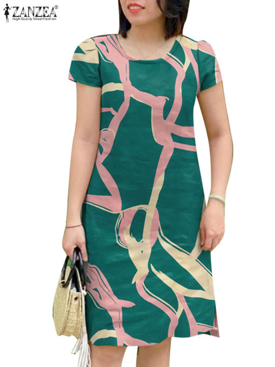 ZANZEA%20Summer%20Short%20Sleeve%20Dress%20Women%20Knee-length%20O%20Neck%20Casual%202024%20OL%20Work%20Printing%20Party%20Vestidos%20Holiday%20Elegant%20Sundress%20-%20Image%205
