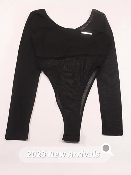 Black See Through Bodysuit Lingerie Long Sleeve Lenceria Femenina V-Neck One-Pieces Body Feminino Backless Tops For Women