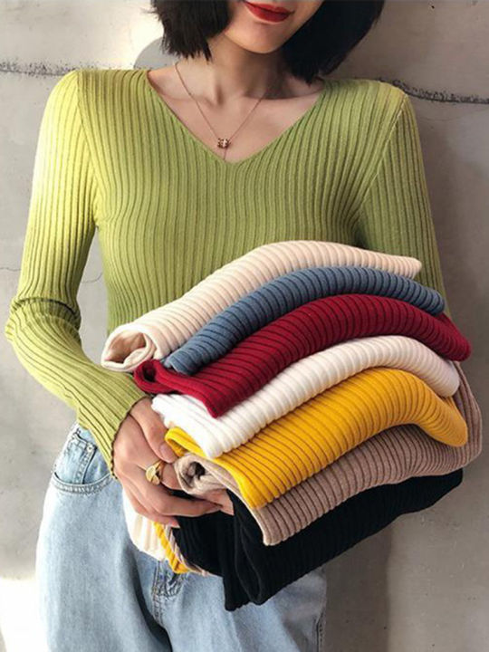 2026 Autumn Winter Women Solid Rib Knit V Neck Stripe Pull Sweater Femme Long Sleeve Pullover Jersey Tops Fashion Clothes Y2k
