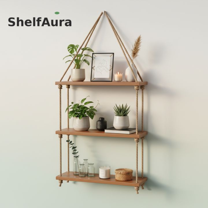 3 Tier Wall Hanging Shelf – Wooden Rope Shelf for Home Décor, Plants & Books