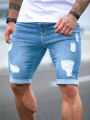 Summer Men's Retro High Waist Denim Shorts Hole-Punched Straight Leg Stretchy Casual Jeans Blue Black American Style Male Pants. 