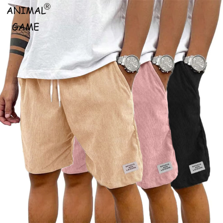Summer Men's Solid Corduroy Shorts with Drawstring Casual Elastic Waist Fit for Outdoor Daily Activities Streetwear