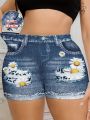 Plus Size High Waisted Bike Shorts Women's Faux Denim Printed Stretch Leggings Comfortable Casual Fashion.