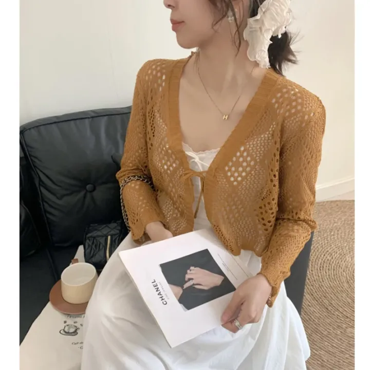 Sheer%20Pointelle%20Knit%20Crop%20Cardigan%20with%20Tie%20Front%20Openwork%20Long%20Sleeve%20Short%20Jacket%20Top%20Cover%20for%20Women%20Teen-girl%20Cute%20Outfit%20-%20Image%204