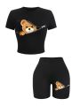 2 Pieces Set Women Slim Crop T-Shirts Shorts A Teddy Bear Emerged From The Zipper Prints Tops Sporty High Elastic Soft Clothes. 
