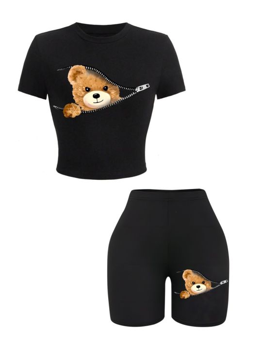 2%20Pieces%20Set%20Women%20Slim%20Crop%20T-Shirts%20Shorts%20A%20Teddy%20Bear%20Emerged%20From%20The%20Zipper%20Prints%20Tops%20Sporty%20High%20Elastic%20Soft%20Clothes%20-%20Image%205
