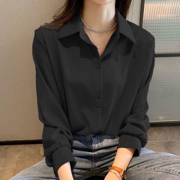 Black Chiffon Shirts For Women Spring NEW Solid Long Sleeve
