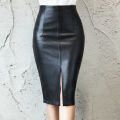 Women PU Leather Midi Skirt Autumn Winter Ladies Package Hip Front or Back Slit Pencil Skirt.